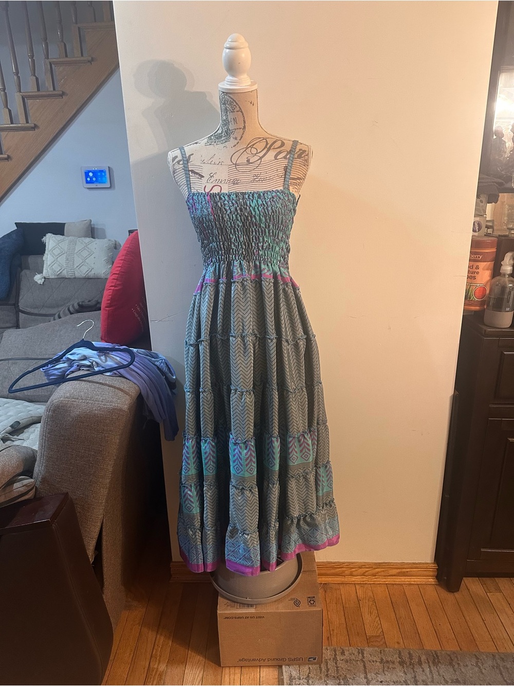 OP Smocked Tiered Midi Dress in Teal, Purple and Gray